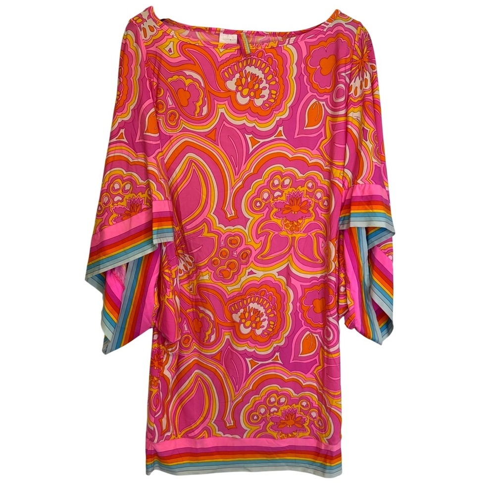 Trina Turk 25th Anniversary Pink Psychedelic Floral Kimono Sleeve Shift Dress M